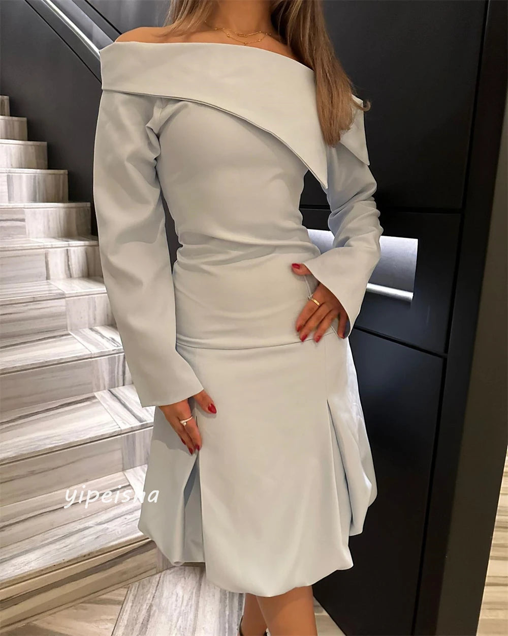 Customized Jersey Draped Pleat Party A-line Off-the-shoulder Bespoke Occasion Gown Knee Length Dresses