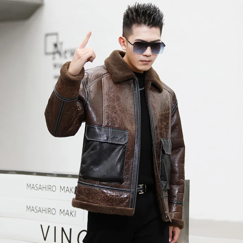 YOLANFAIRY Genuine Sheepskin Jacket Mens Real Fur Coat Winter Clothes Cropped Leather Jacket Men Wool Jacket Men Бомбер 2024