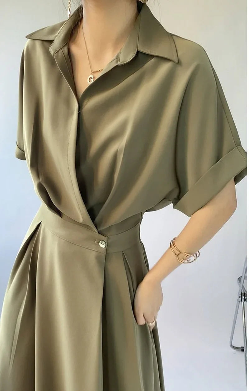 Black Silk Shirt Dresses for Women 2024 Tshirts Satin Chiffon Midi Clothes Green Woman Dress Formal Occasion Korean Style Luxury