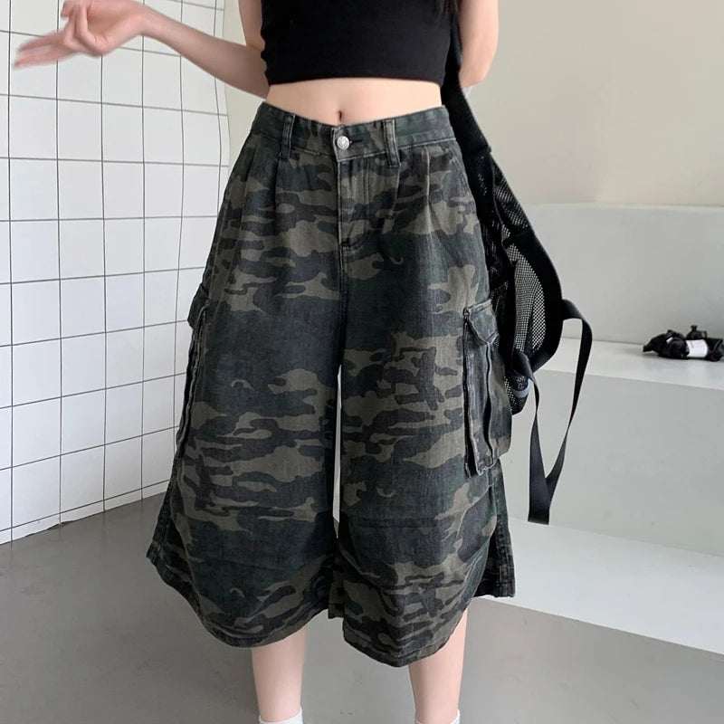 Fashion Women Camouflage Mid Shorts High Waist Camo Multipocket Baggy Jeans Shorts Femme Party Cool Loose Wide Leg Cargo Shorts