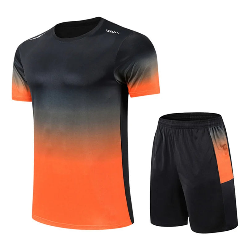 New Summer Sportswear Men Gradient Printed Badminton Set Outdoor Running T-shirt and Shorts Comfortable and Breathable Clothing