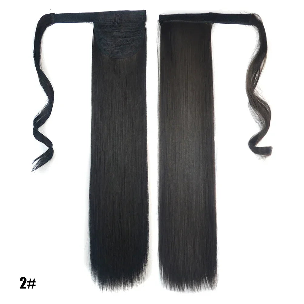 Long Straight Clip in Ponytail Extensions for Women Natural Synthetic Wrap Around Ponytail False Hair Black Straight Horse Tail