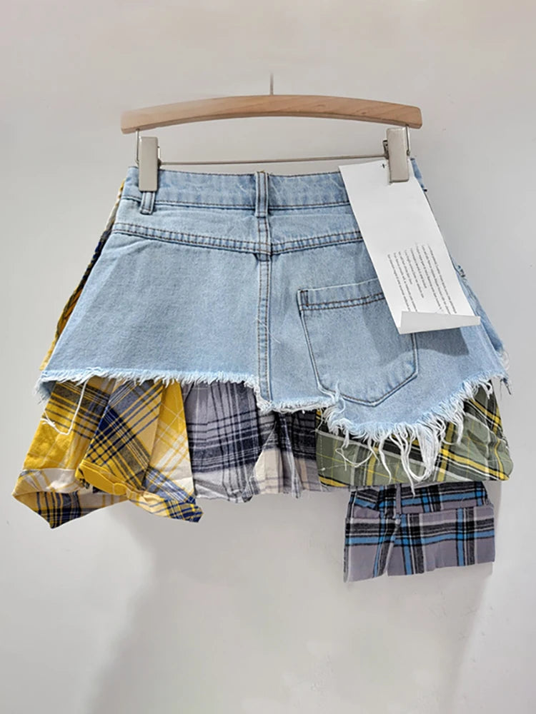 DEAT Women's Denim Skirt Colored Plaid Patchwork Irregular Deconstructed A-line High Waist Mini Skirt 2024 Autumn New Fashion