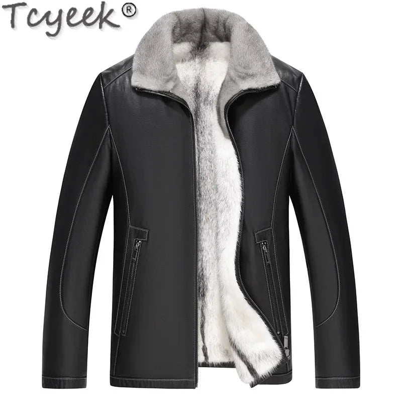 Tcyeek Top Layer Cowhide Genuine Leather Man Jackets Natural Cross Mink Fur Coat Men Winter Clothes Warm Real Fur Coats 2024