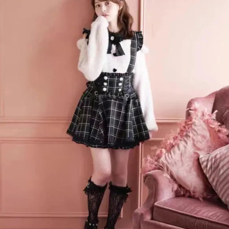 Japanese Gothic Lolita Ribbon Short Suspender plaid Skirt Girls Sweet Cute Lace A-Line Mini Skirts summer2024 black solid kawaii