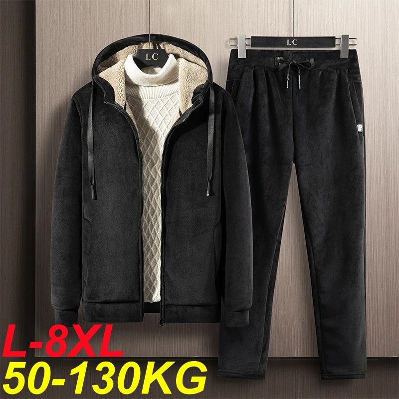 Plus Size 8xl Winter Tracksuit Men Thick Warm Lamb Woolen Fleece Hooded 2 Piece Set Jacket+pants Sportswear Casual Sweat Suits