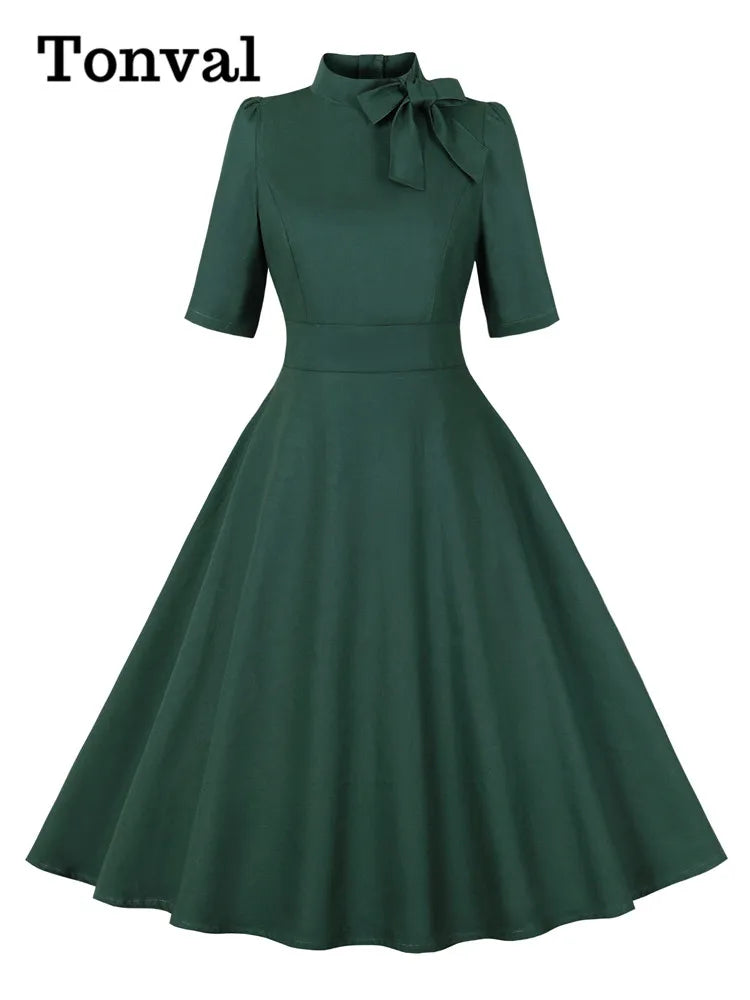 Tonval Stand Collar Bow Tie Half Sleeve Green Summer Dresses Evening Elegant Women Formal Occasion A-Line Vintage Long Dress