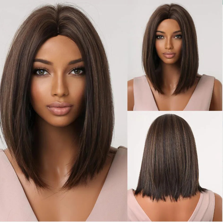 EASIHAIR Fashion Brown Blonde Highlight Synthetic Wigs Straight Hair with Bangs for Women Cosplay Daily Heat Resistant  Bob wig