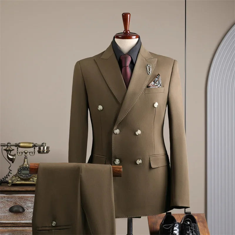 NT240   Double Coffee Color Suit Men Business Groom Wedding Dress Best Man Business Slim Blazer