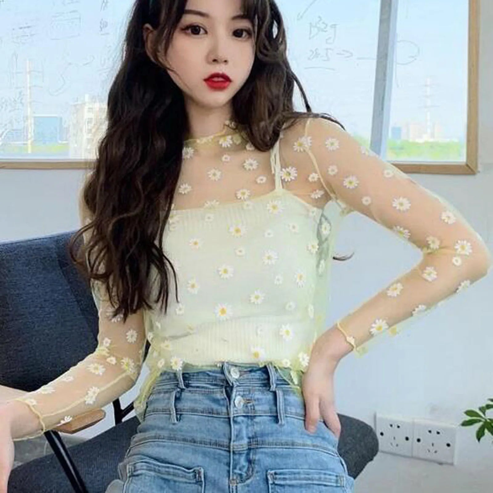 Daisy Print Perspective Blouse Shirt Casual Sesy Mesh Sunscreen Tops Casual Summer Ladies Female Long Sleeve Women Blusas Пиджак