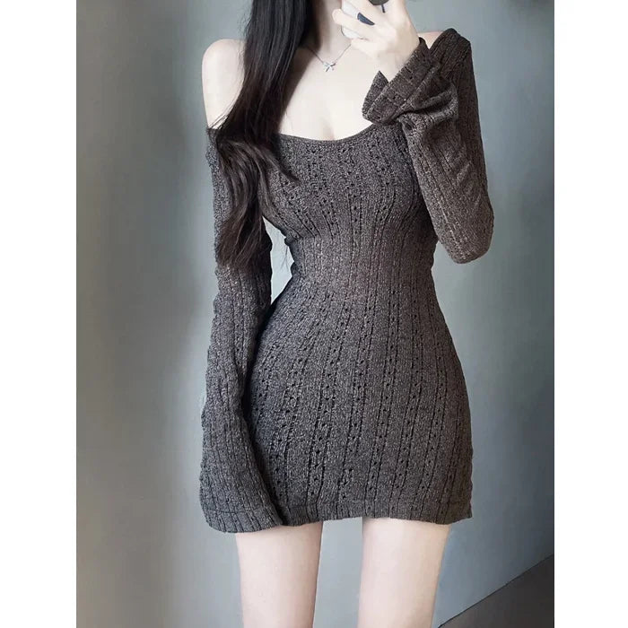 Pure Girl Square Neck Waist Long Sleeve Knitted Wrap Hip Short Dress for Women y2k formal occasion vestidos women dress