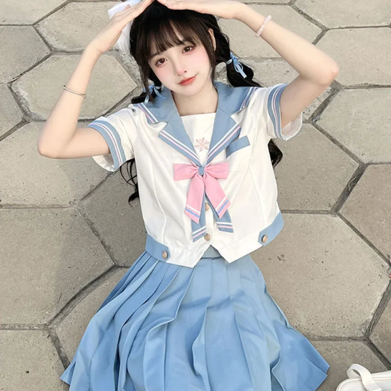 Japanese Style JK Uniform Sailor Collar Cute Sweet Blue and White Color Matching Long Short Sleeves Top Pleated Skirt Suit Girls