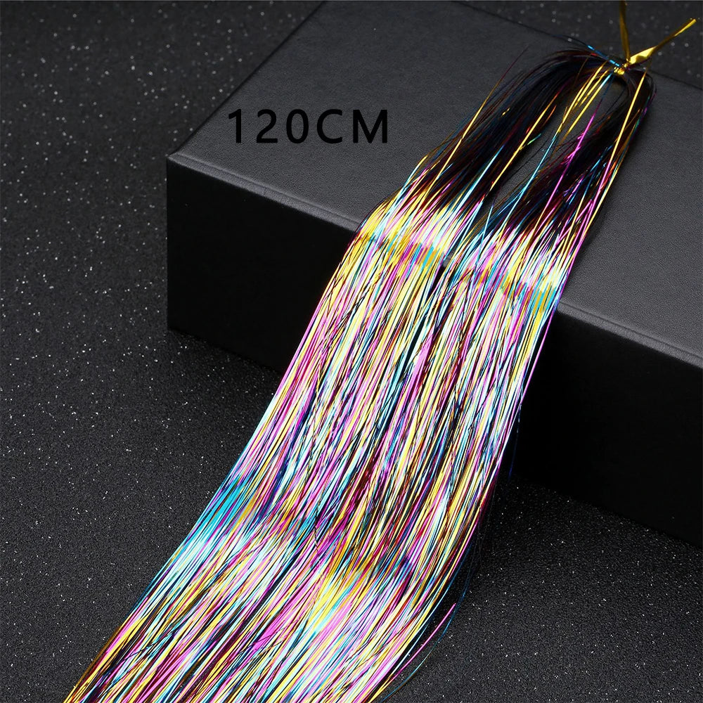 Sparkle Shiny Hair Tinsel Rainbow Silk Hair Extensions Dazzles Women Hippie for Braiding Headdress Long 120cm 150 Strands/bag