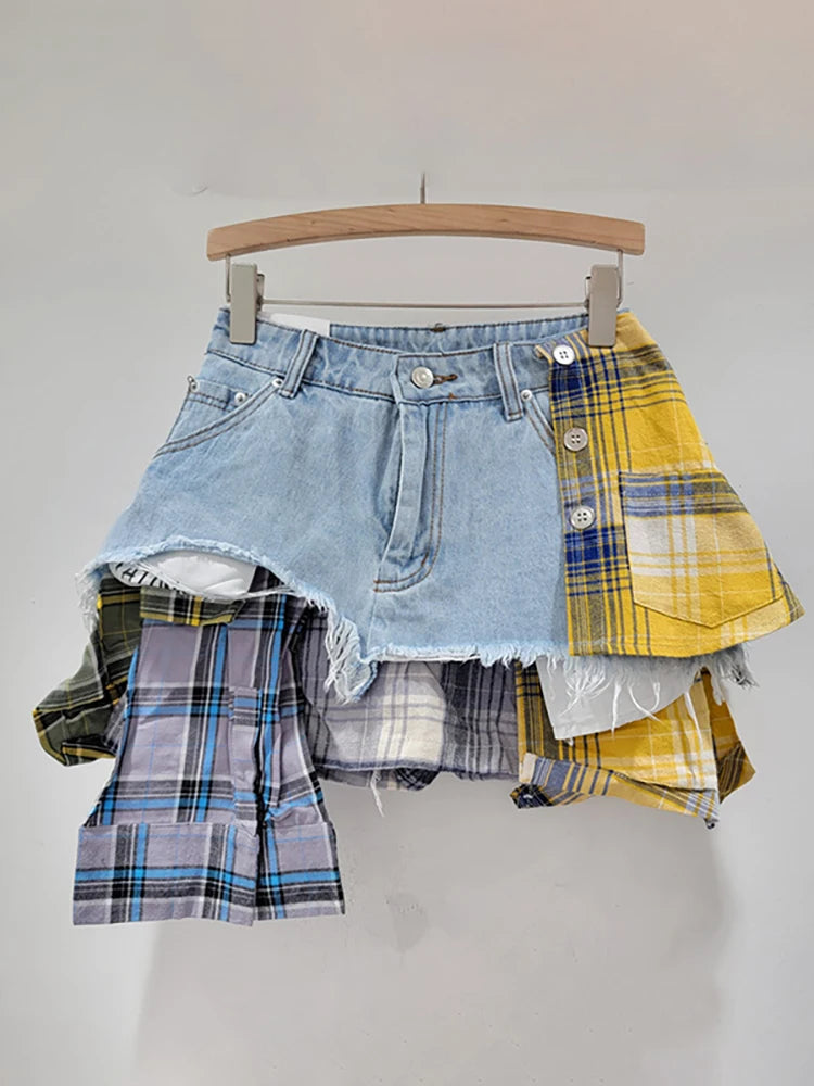 DEAT Women's Denim Skirt Colored Plaid Patchwork Irregular Deconstructed A-line High Waist Mini Skirt 2024 Autumn New Fashion