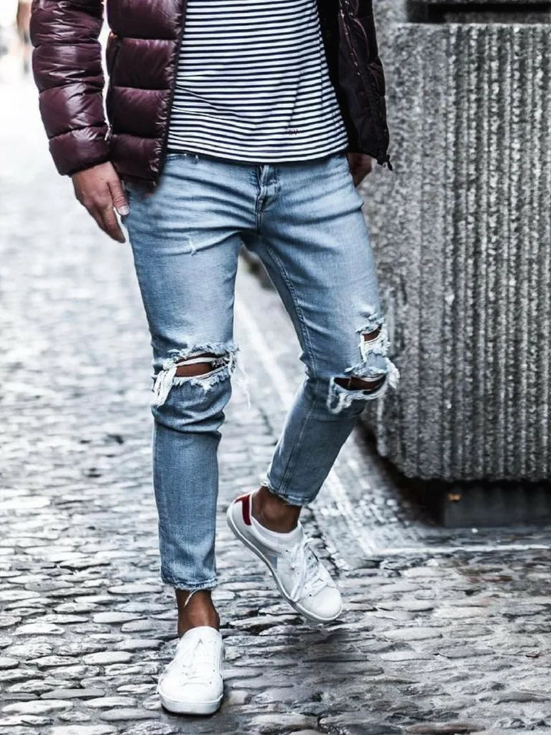 2023Hot Sale Fashion Street Style Ripped Skinny Jeans Men Vintage Solid Denim Trouser Mens Casual Slim Fit Pencil Denim Pants