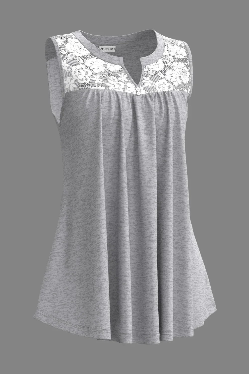 Flycurvy Plus Size Casual Grey Lace Stitching Decorative Button Fold Tank Top