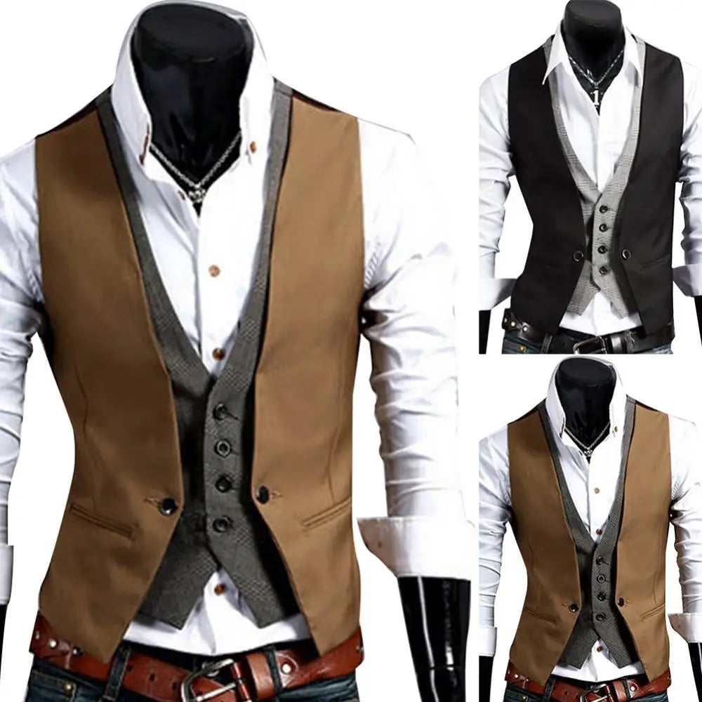 Men Formal Waistcoat Vest Business Solid Color Single Button Vest gilet Fake Two-pieces V Neck Casual S-lim chalecos para hombre