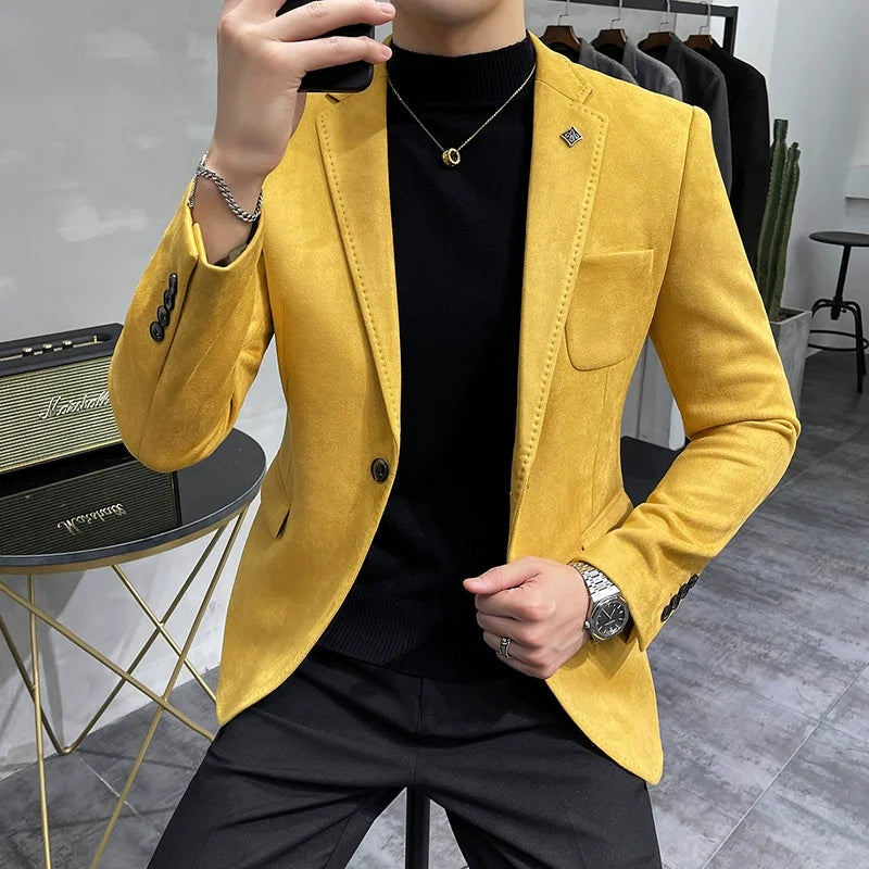 Men's Deerskin Fleece Jacket Suit Coat Blazer Men's Business Leisure Slim Fit Brand Fashion High Quality Single Button Suit Coat