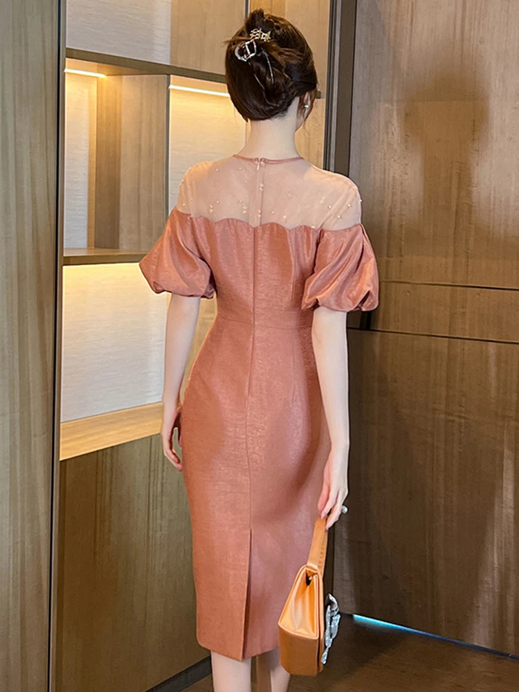 Work Style Formal Occasion Dress Women Clothes Commute Elegant Office Retro Sheer Sexy O-Neck Puff Sleeve Midi Pencil Vestidos