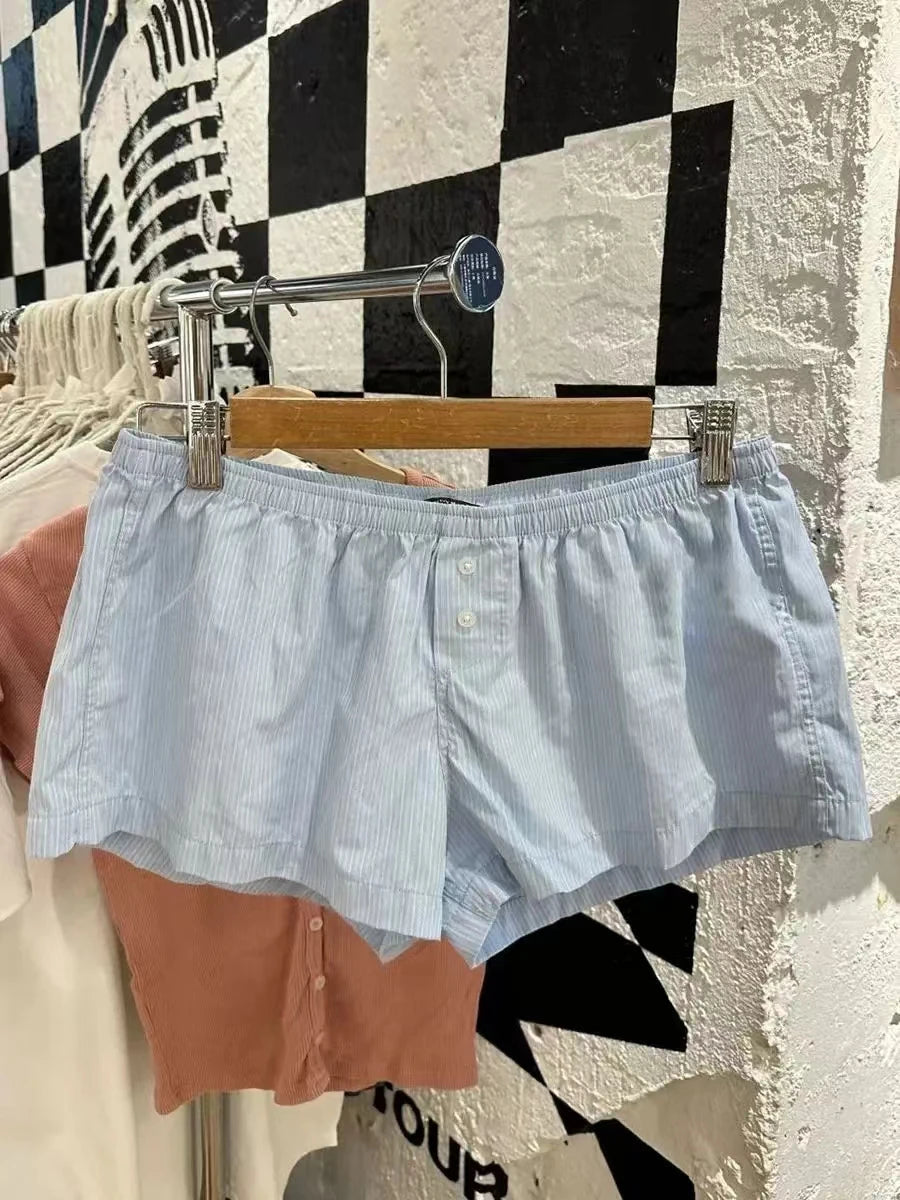 Lace Patchwork Stripes Shorts Women Cotton Buttons Elastic High Waist Casual Straight Short Pants Sweet Bow Summer Sweatshorts