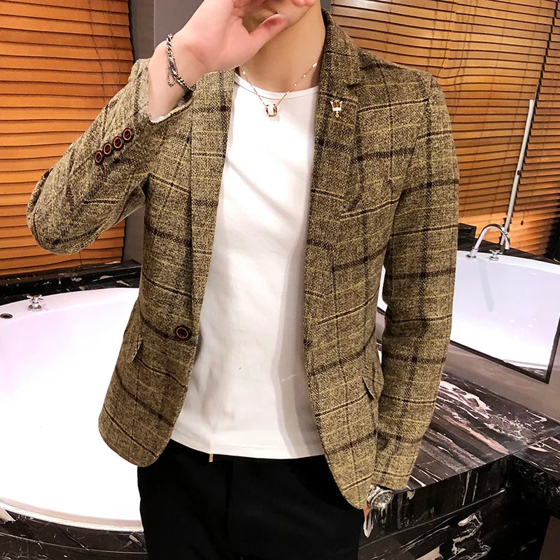 2023 New Men's Casual Plaid Suit Jacket Male Linen Plaid Business Self-cultivation Wedding Dress Party Suit Coat Plus Size S-5XL