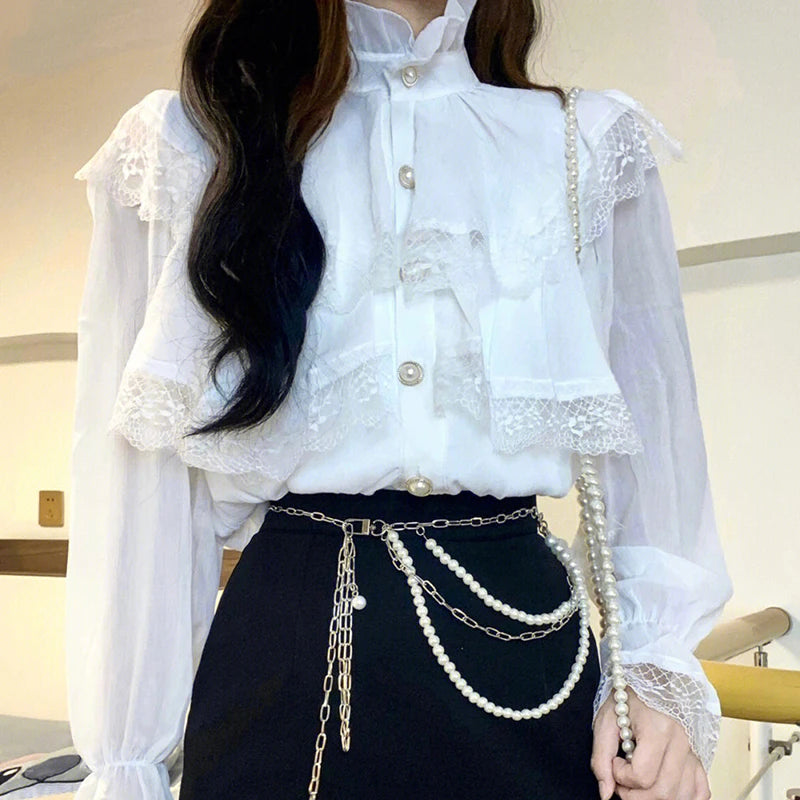 Elegant Lace Women Blouse Fashion Fashion Korean White Chiffon Office Ladies Shirts Stand Neck Ruffles Spring Female Tops New