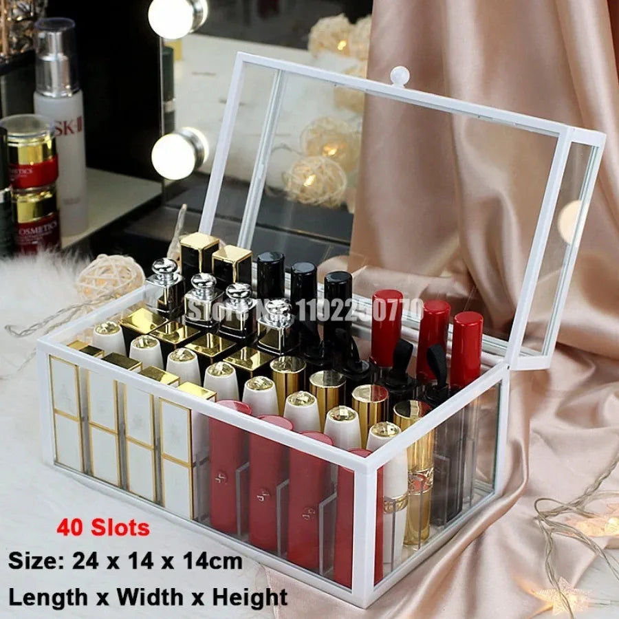 15/24/40 Slots Glass Lipstick Holder Dustproof Display Case Beauty Storage Box Luxury Makeup Organizer with Removable Dividers