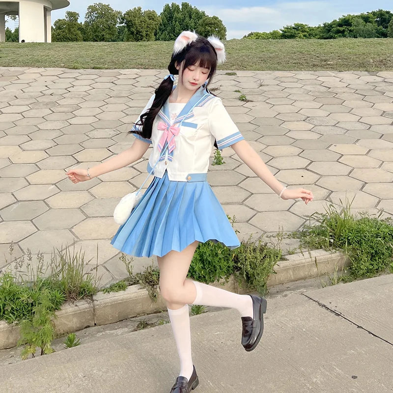 Japanese Style JK Uniform Sailor Collar Cute Sweet Blue and White Color Matching Long Short Sleeves Top Pleated Skirt Suit Girls