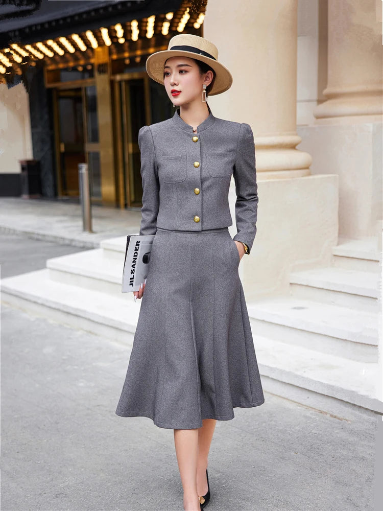 Long Sleeve Career Office Blazer Set for Women Crop Top Swing Skirt Suits 2 Pieces Matching Outfits Short Sets Spring Fashion