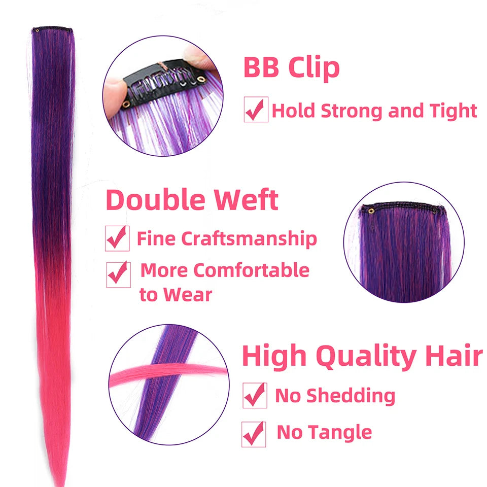 LUPU 22 Inch Synthetic Colored Highlight Hair Extensions Rainbow Long Straight Hairpieces for Women Kids Girls Purple Pink Blue