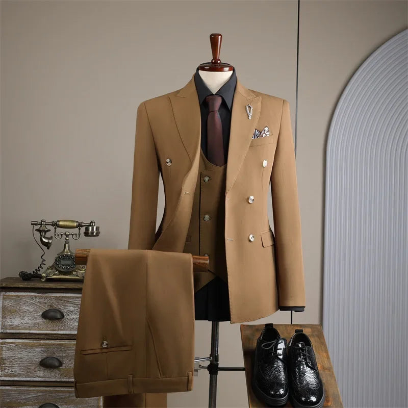 NT240   Double Coffee Color Suit Men Business Groom Wedding Dress Best Man Business Slim Blazer