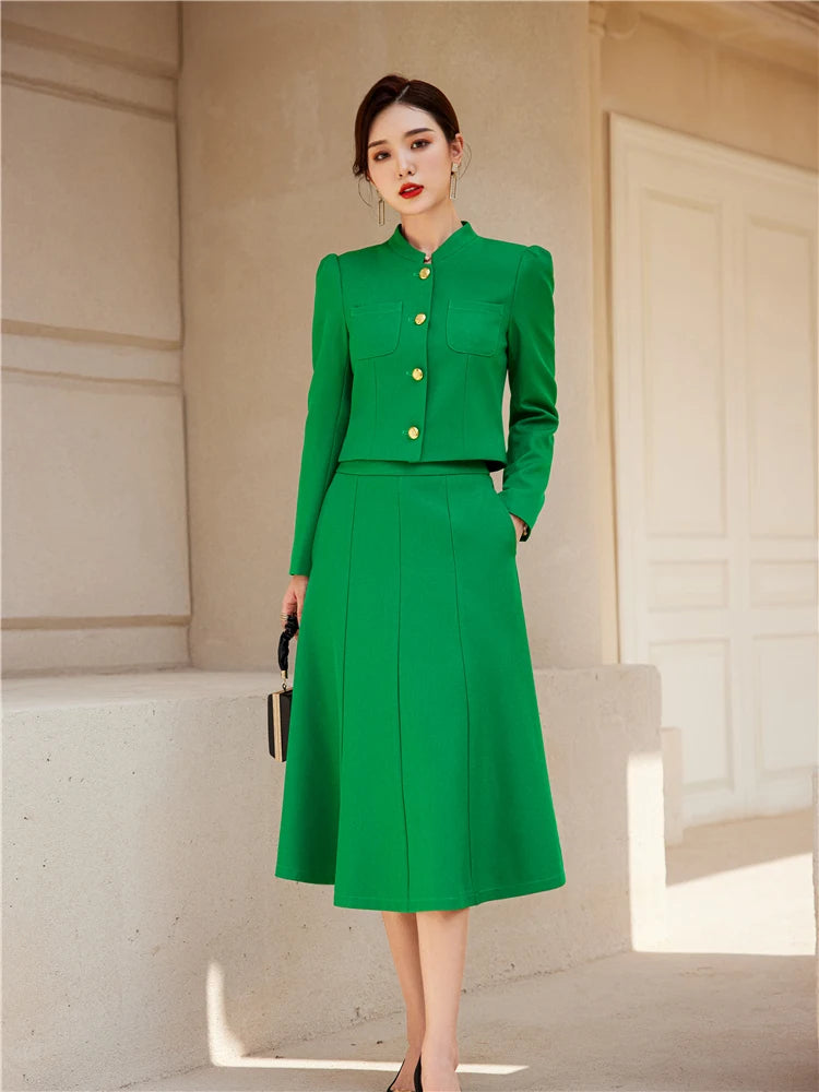 Long Sleeve Career Office Blazer Set for Women Crop Top Swing Skirt Suits 2 Pieces Matching Outfits Short Sets Spring Fashion