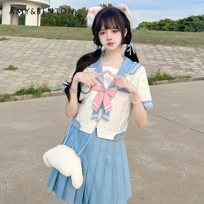 Japanese Style JK Uniform Sailor Collar Cute Sweet Blue and White Color Matching Long Short Sleeves Top Pleated Skirt Suit Girls