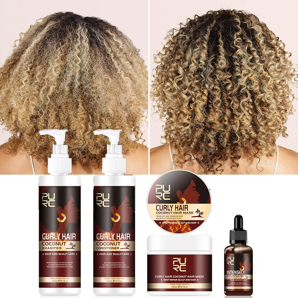 PURC Coconut Oil Curly Hair Care Set Smoothing Shampoo Conditioner Shiny Hair Mask Nourish Hair Oil Hair Care