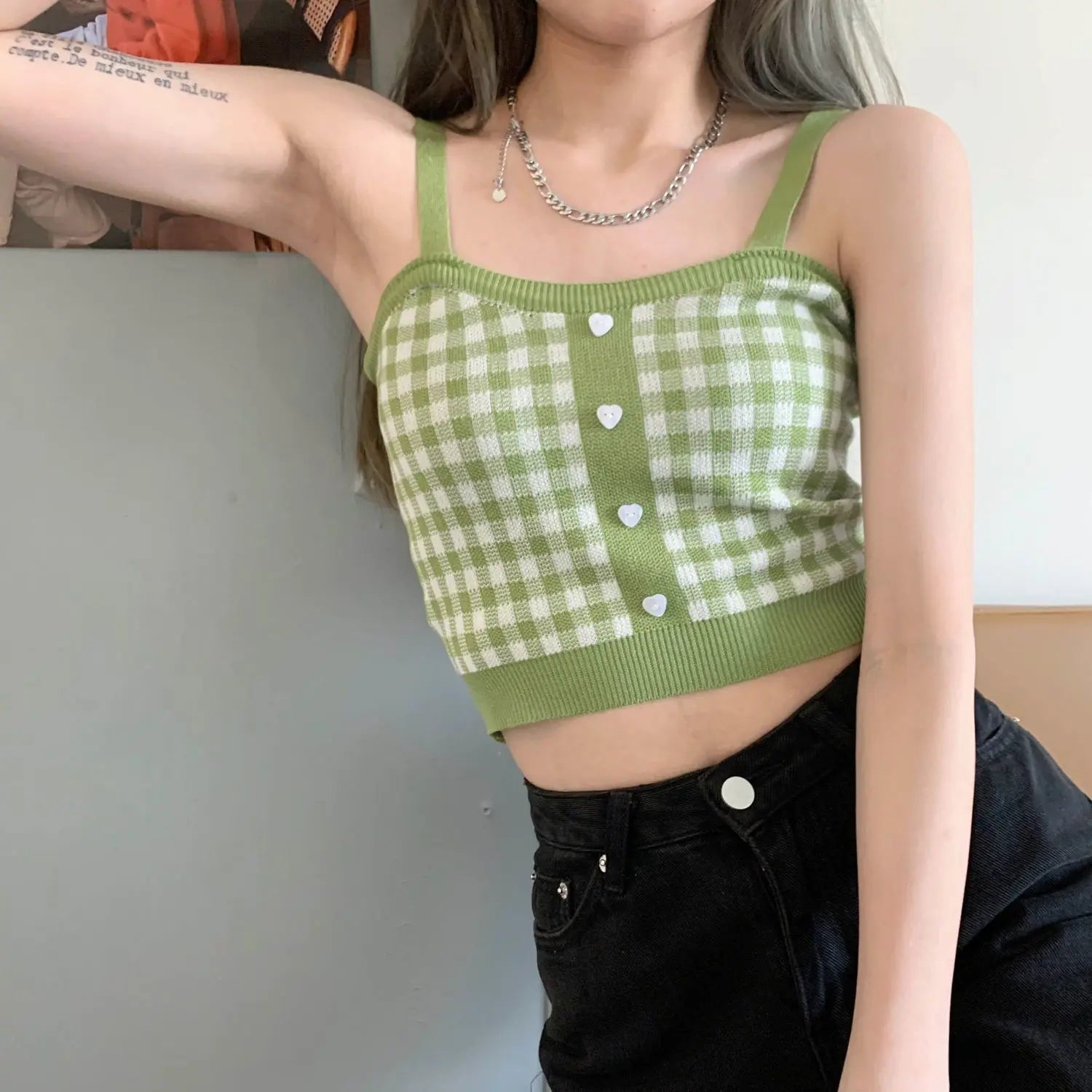 Plaid Button Tank Tops Spaghetti Strap Women Summer Fashion 2023 Y2K Cute Korean Knitted Tight Sleeveless Vest Crop Top Female