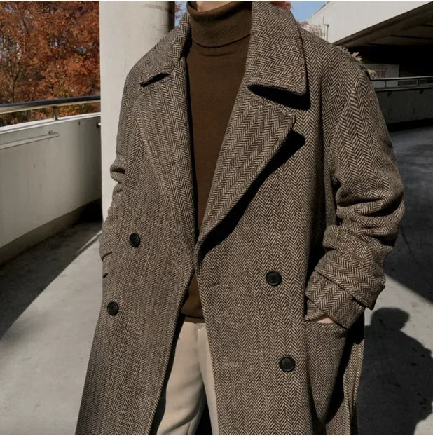 Men's new winter woolen coat Korean version of the trend herringbone pattern in the long thick lapel woolen coat coat size 2XL