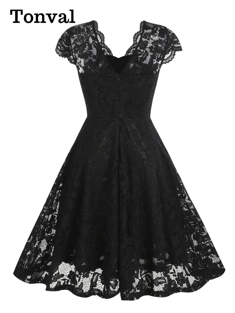 Tonval V-Neck Cap Sleeve Black Lace Elegant Dresses Women Vintage Style Clothes Formal Occasion Pleated Swing Dress