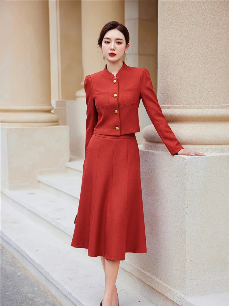 Long Sleeve Career Office Blazer Set for Women Crop Top Swing Skirt Suits 2 Pieces Matching Outfits Short Sets Spring Fashion