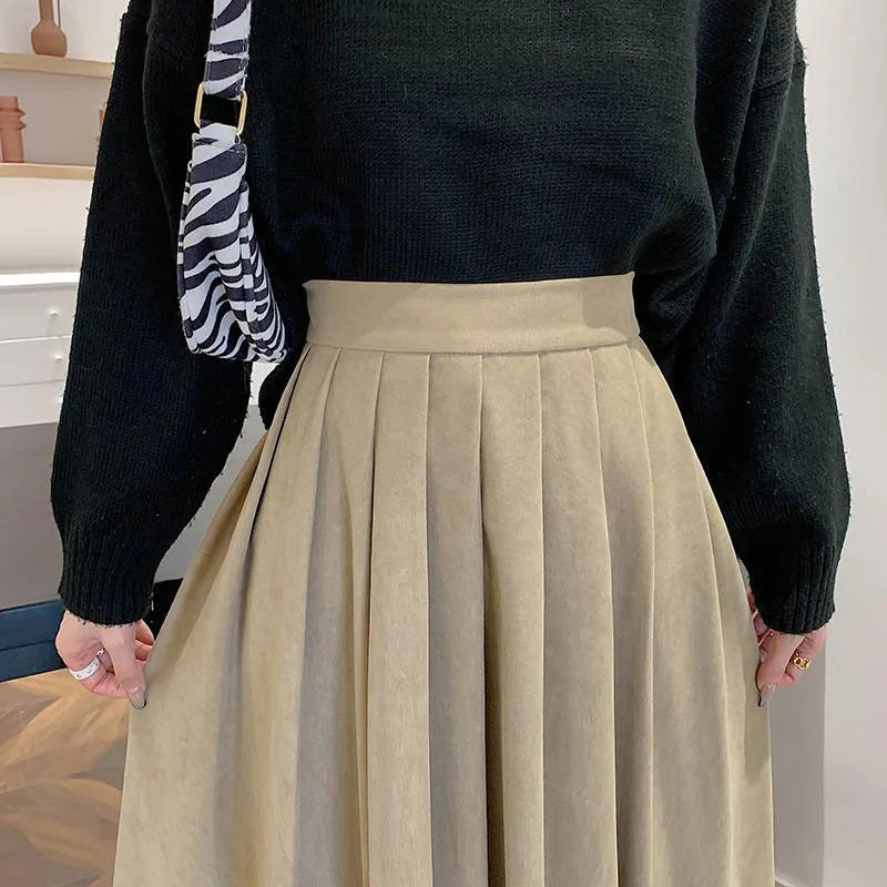 Lucyever Vintage Brown High Waist Pleated Skirt Women Korean Fashion College Style Long Skirt Ladies Autumn Casual A line Skirts