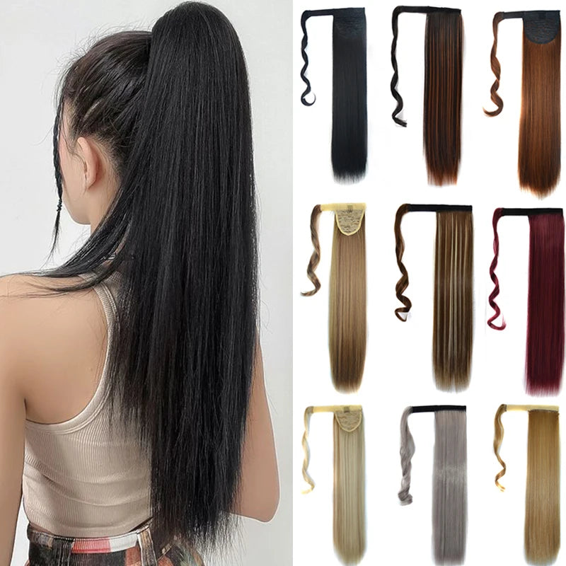 Long Straight Clip in Ponytail Extensions for Women Natural Synthetic Wrap Around Ponytail False Hair Black Straight Horse Tail