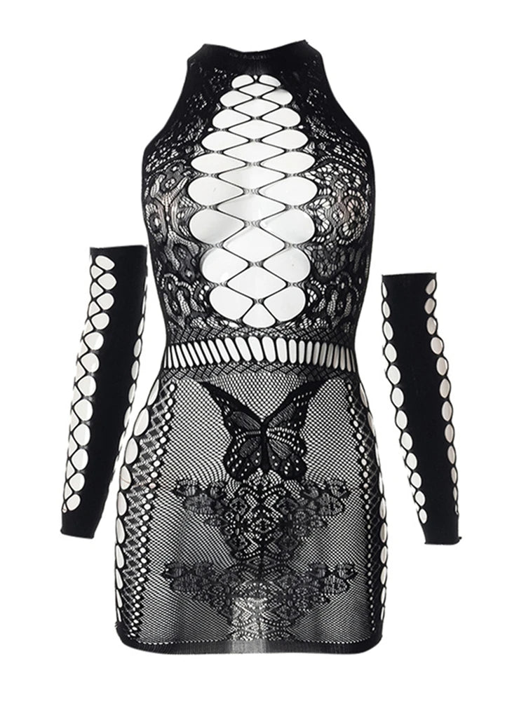 New Sexy Fashion Women's Mini Dress See Through Hollow Out O Neck Half Sleeve Wrapped Dress Elegant Dress Sexy Night Clubwear