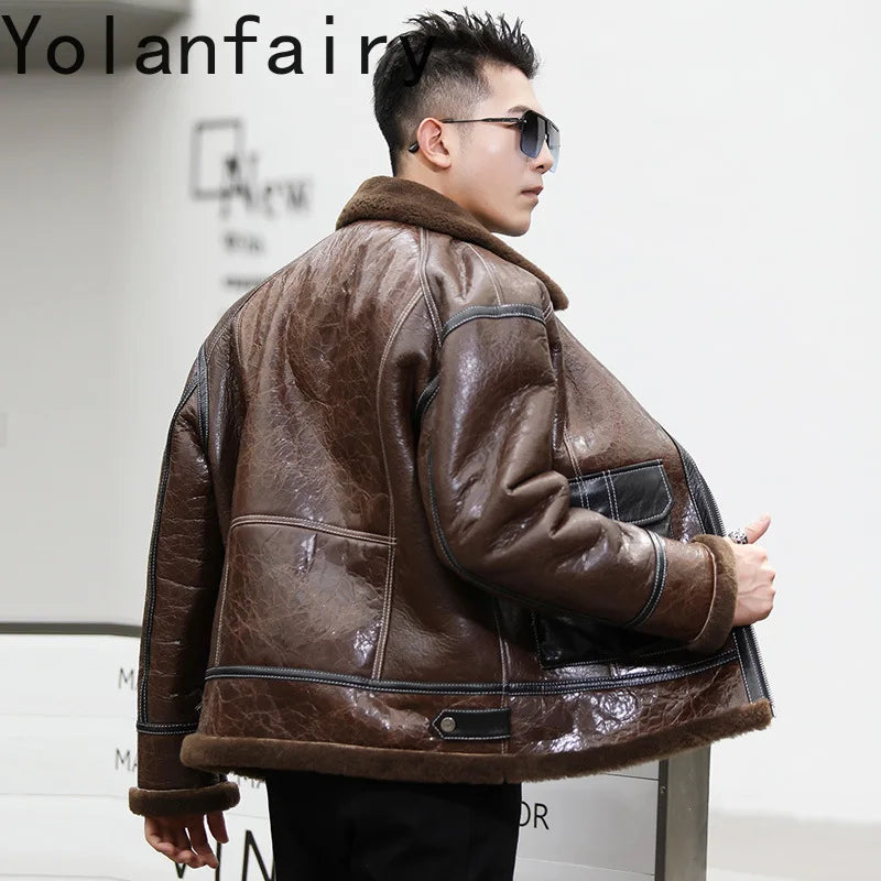 YOLANFAIRY Genuine Sheepskin Jacket Mens Real Fur Coat Winter Clothes Cropped Leather Jacket Men Wool Jacket Men Бомбер 2024