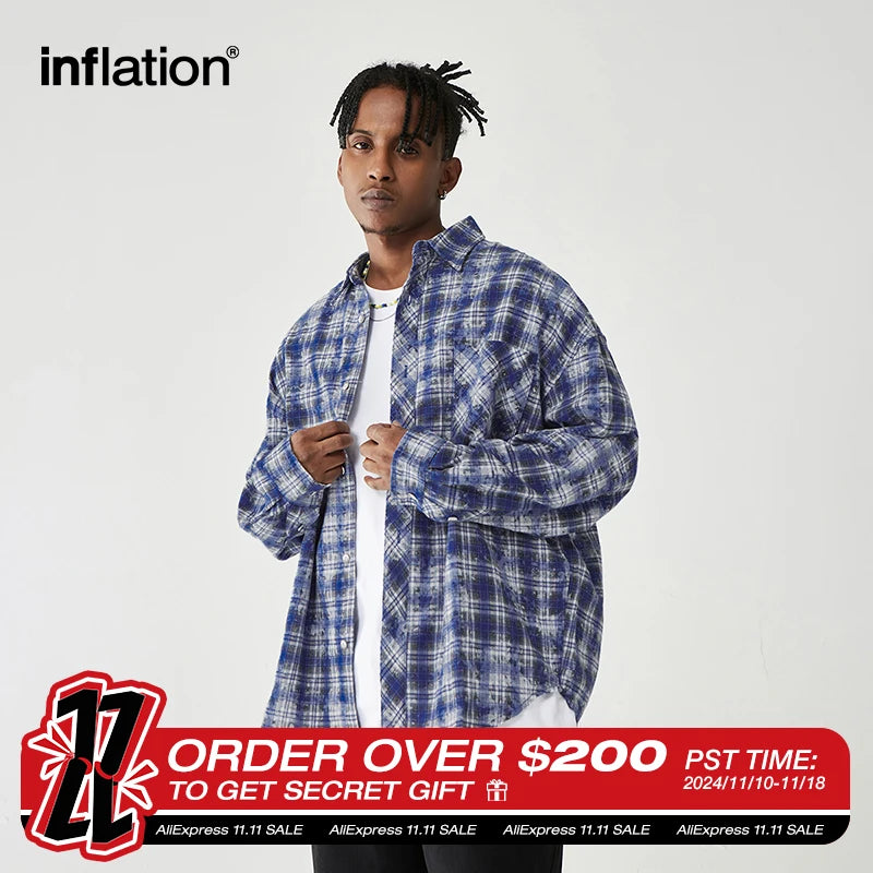 INFLATION Brushed Check Shirts Men Blue Plaid Long Sleeve Oversized Shirts Male Plus Size