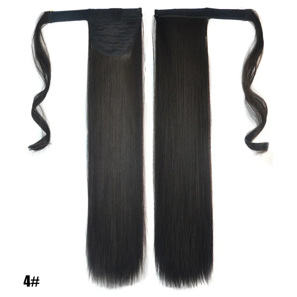 Long Straight Clip in Ponytail Extensions for Women Natural Synthetic Wrap Around Ponytail False Hair Black Straight Horse Tail