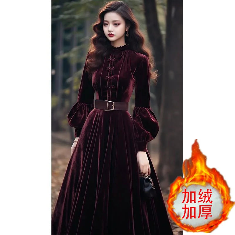 Autumn Winter New Chinese Fashion Chinese Formal Occasion Dress Female Long Dress Style Super Beautiful Purple Red Velvet Dress