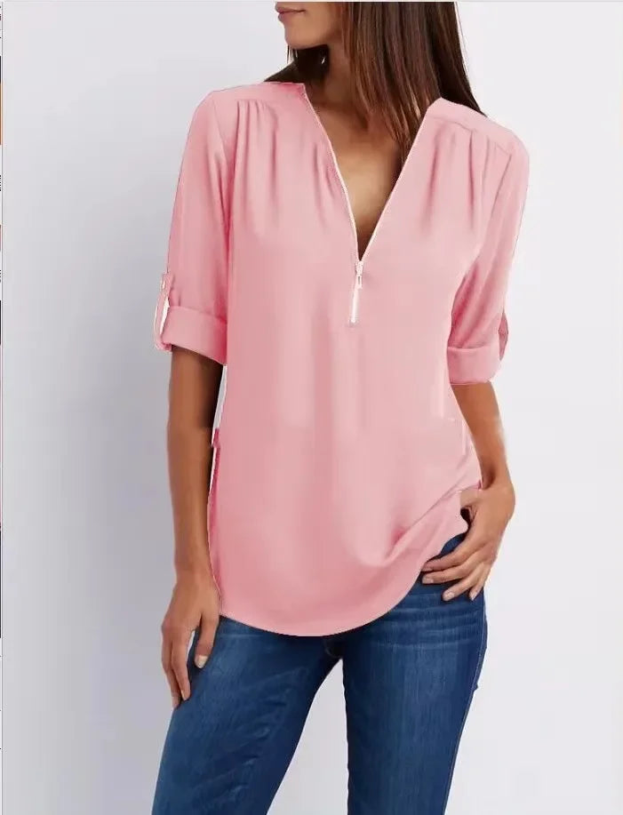 2024 Hot Sale Women Cool Loose Shirt Deep V Neck Chiffon Fashion Blouse Casual Ladies Tops Sexy Zipper Pullover Plus Size