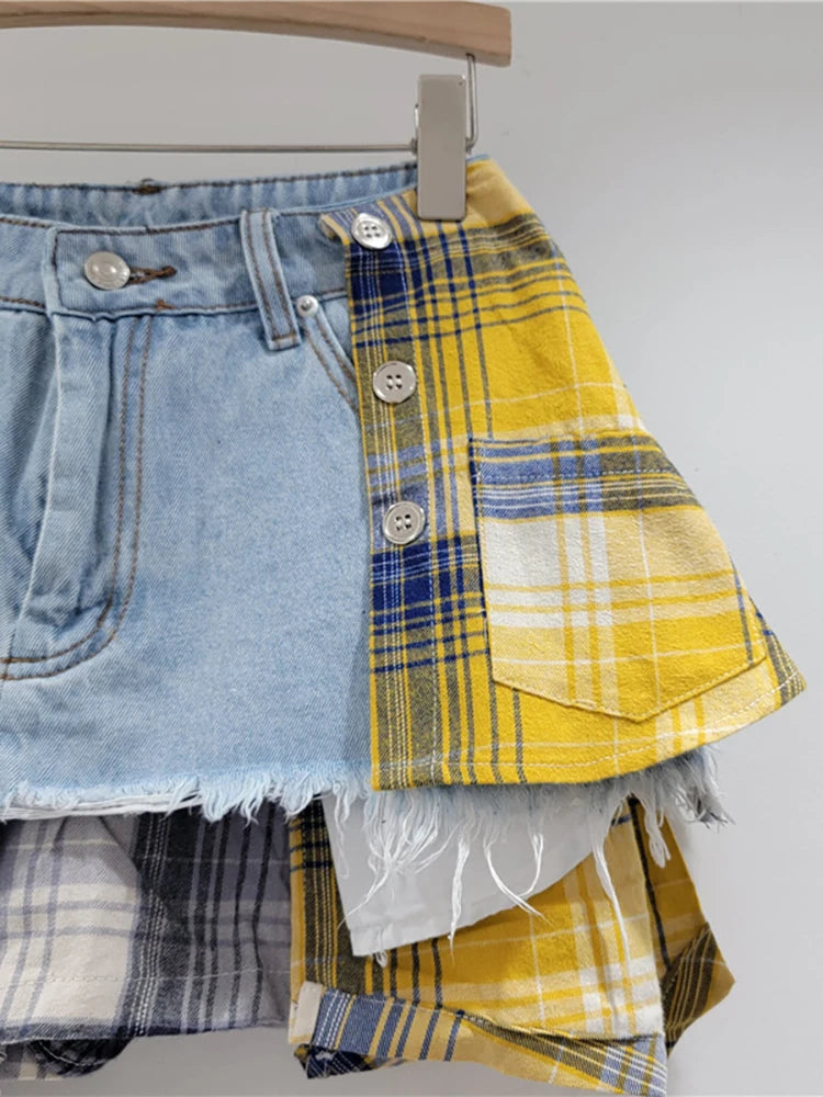 DEAT Women's Denim Skirt Colored Plaid Patchwork Irregular Deconstructed A-line High Waist Mini Skirt 2024 Autumn New Fashion