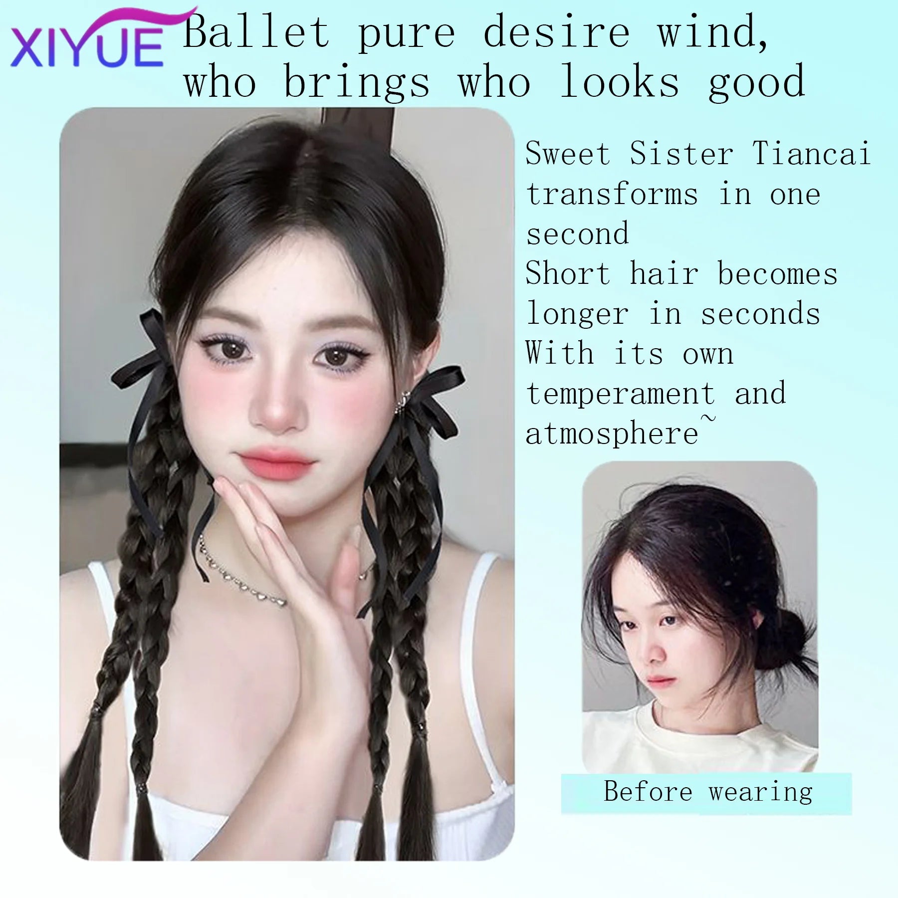 XIYUE  Synthetic Braided Twist Braids ponytail Hair Extension Black Natural Wig Long Ponytail Hair Band Rubber Band Women's Wig