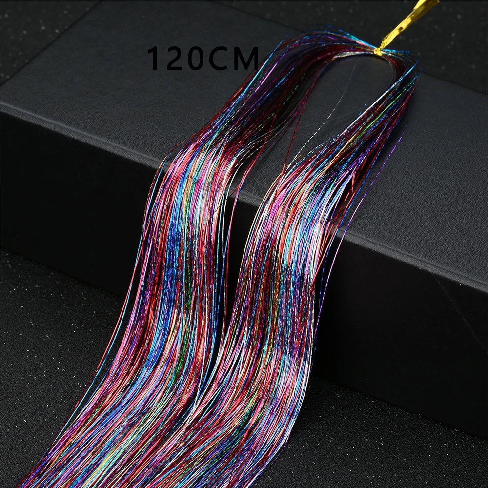 Sparkle Shiny Hair Tinsel Rainbow Silk Hair Extensions Dazzles Women Hippie for Braiding Headdress Long 120cm 150 Strands/bag