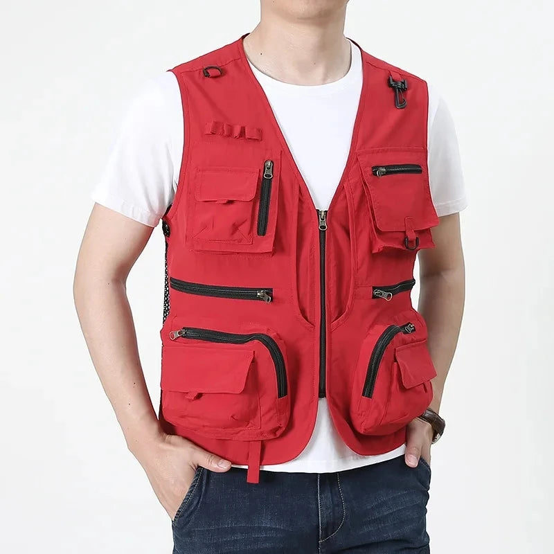 2024 New Men Outdoor Vest Multi-Pocket Solid Color Fishing Director Reporter Work Waistcoat Photography Casual Vest Jacket Male